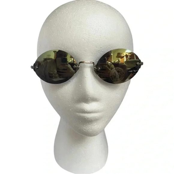 Vintage Y2K Rimless Round Mirrored Sunglasses | Green-Gold Iridescent Lenses - Picture 3 of 10